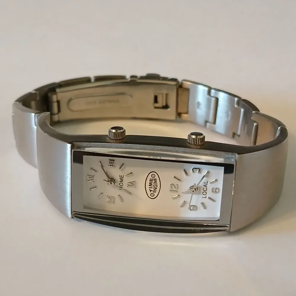 Time Engine Dual Zone Watch Home Local Stainless Steel Rectangle Tank 18mm